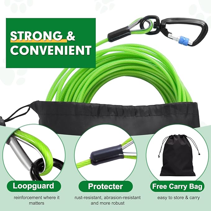 Snagle Paw Dog Leads for Yard 70FT-1000LBS Break Strength,Heavy Duty Tie Out Cable for Dogs with Swivel Lockable Hook & Spring,Chew Proof Dog Chain for Outside,Dog Run Cable for Medium Large Dogs