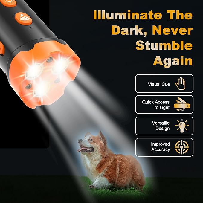 New Dog Bark Deterrent Devices, Professional Dog Training Tool, Anti Bark Device for Dogs, w/ 3X Sonic emitters 50ft Range for Dog Training, Alternative to bark Collar,Orange