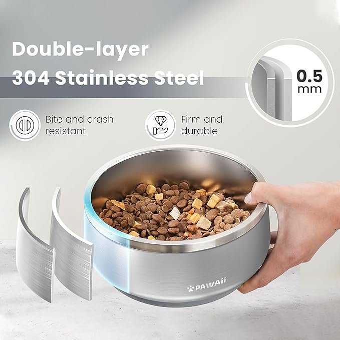 Pawaii Stainless Steel Dog Bowl with Non-Slip Rubber Base & Double Wall Insulation - Durable Design | Includes ID Tag | Dishwasher Safe Food & Water Bowl for All Dogs (68oz)