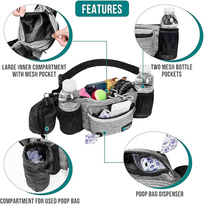 PetAmi Dog Fanny Pack, Treat Pouch for Dog Walking, Training, Built in Poop Bag Dispenser, Water Bottle Holder, Collapsible Bowl, Pet Treat Waist Belt for Hiking, Running, Kibbles (Grey)
