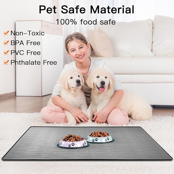 32" x 24" Large Pet Food Mat, Silicone Dog Mats for Food and Water, Nonslip Pet Feeding Mats for Floors,Dog Cat Bowl Mat with Raised Edges, Dark Green