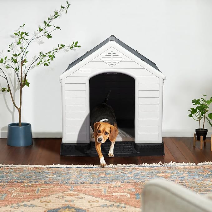 LEMBERI Durable Waterproof Plastic Dog House for Small to Large Sized Dogs, Indoor Outdoor Doghouse Insulated Puppy Shelter with Elevated Floor, Easy to Assemble (Gray, 34''L*31''W*32''H)