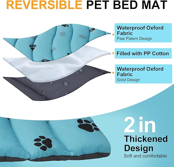 BEAUTYZOO Outdoor Dog Bed Waterproof, Camping Dog Bed Reversible, Portable Travel Bed with Carry Bag- Machine Washable, Durable, Foldable Outdoor Pet Bed Mat for Medium Large Dogs, 35” x 51“ Blue
