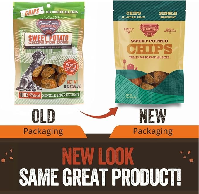Gaines Family Farmstead Sweet Potato Chips for Dogs - 8 oz Single-Ingredient, All-Natural Dog Treats, Grain-Free & High in Fiber, Made in USA, Crunchy Training Treats