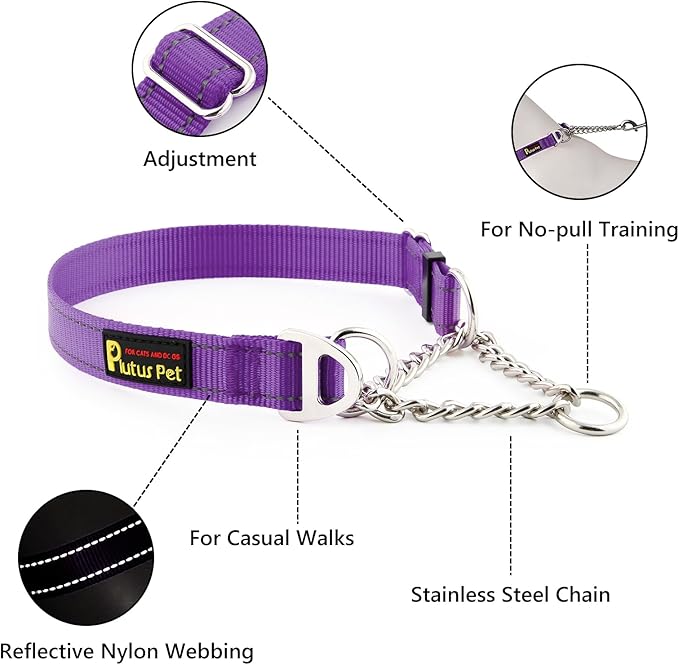 Plutus Pet Martingale Dog Collar with Stainless Steel Chain and Reflective Nylon, Adjustable No Pull Training Collar, for Small Medium, and Large Dogs, Purple, L