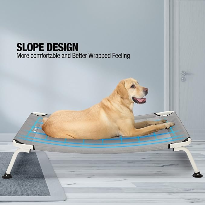Veehoo Elevated Dog Bed for Outdoor, Cooling Waterproof Raised Dog Cots Beds for Large Dogs, Curved Off Ground Pet Hammock Cot Lifted for Outside, up to 85lbs, White Legs, Grey 42"