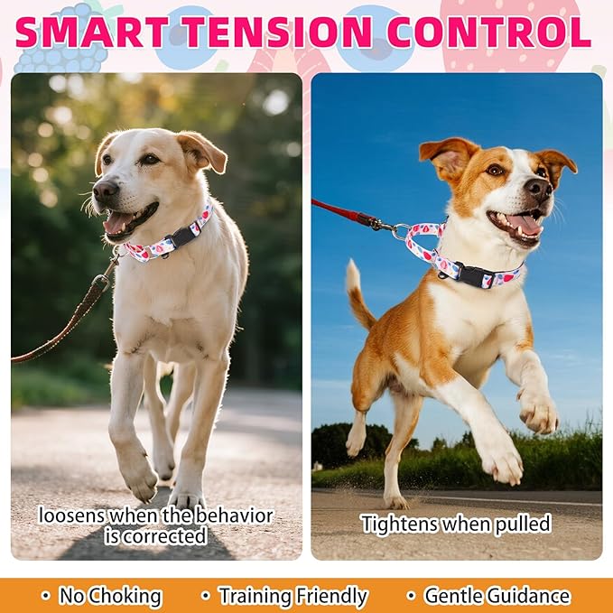 KOOLTAIL Martingale Collar for Dogs,Soft Padded Nylon Heavy Duty Dog Collar for Small Medium Large Dogs,Adjustable No Pull Durable Wide Puppy Training Collar With Pattern Design for Boys Girls, Pink L