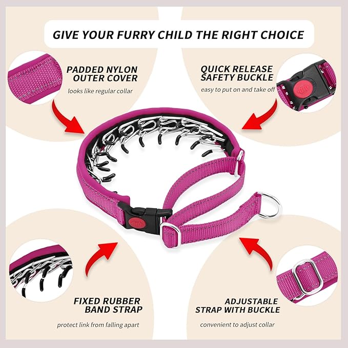 Martingale No Pull Dog Collar for Large Medium Small Dogs, Heavy Duty Nylon Reflective Adjustable Anti Pull Slip Collar with Buckle for Training Walking S Hot Pink