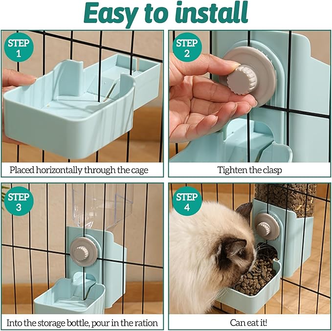 kathson Hanging Automatic Rabbit Pet Food and Water Dispenser, Auto Gravity Bunny Feeders for Cages, Detachable Self-Feeding Feeder and Waterer Set for Ferrets Chinchilla Hedgehog (Dark Blue)