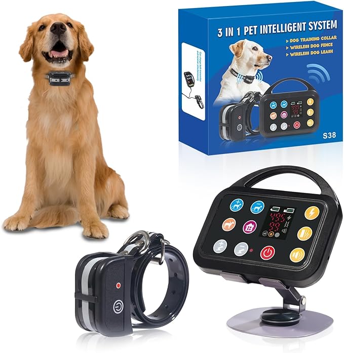 Plkm Dog Wireless Fence Indoor Outdoor Electric Fence Dog Training Collar 3 in 1 Pet Intelligent System, Out-of-Range Reminder AI Technology, Adjustable Range Shock Strength, Waterproof Rechargeable