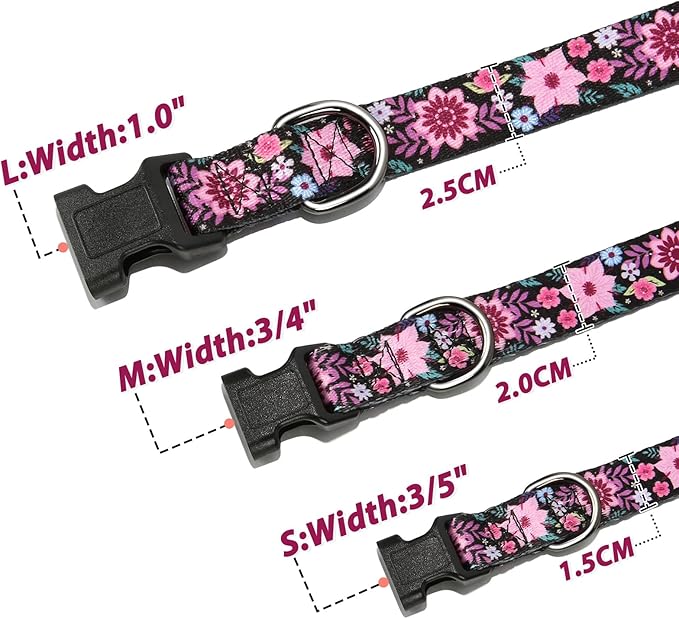 HEELE Dog Collar, Adjustable Soft Dog Collar for Small Medium Large Dogs,Floral Patterned Puppy Collars with Quick Release Buckle Galsang Black S Length 9.84''-14.96'