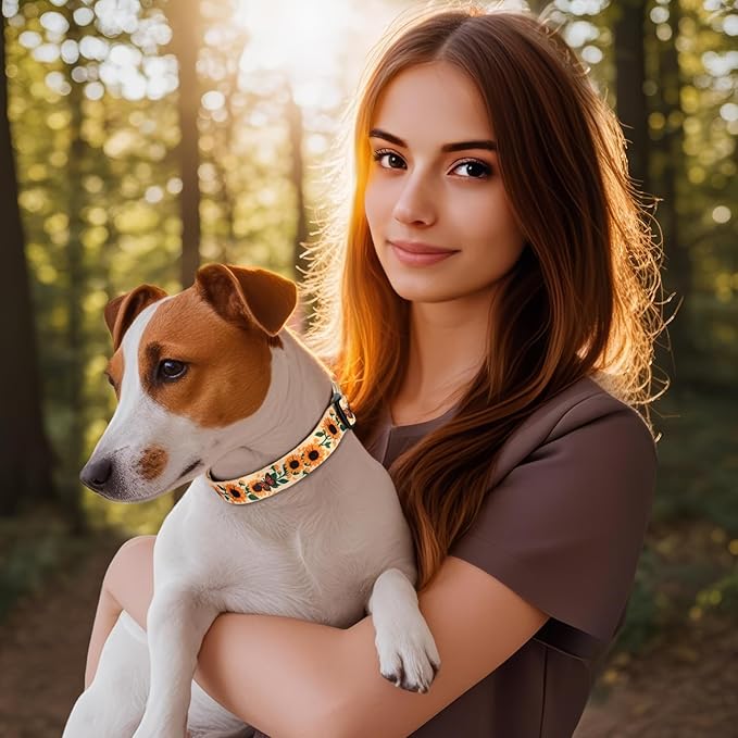 HEELE Dog Collar, Adjustable Soft Dog Collar for Small Medium Large Dogs,Sunflower Floral Patterned Puppy Collars with Quick Release Buckle Sunflower Yellow M Length 13.39''-20.87''