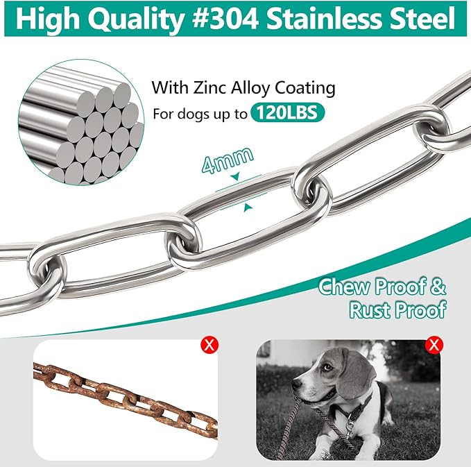 Tresbro Heavy Duty Dog Chains for Outside, 20FT Stainless Steel Tie Out Cable with Swivel Hook for Large Medium Dogs, Metal Chew Proof Pet Runner Chain Leash Lead for Outdoor Camping Hiking Yard, 4MM