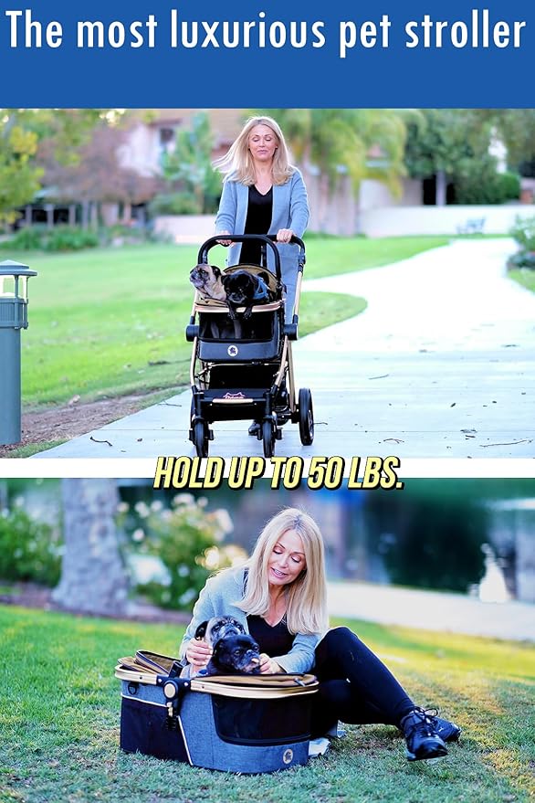 HPZ Pet Rover Prime 3-in-1 Luxury Dog/Cat Stroller (Travel Carrier +Car Seat +Stroller) with Detach Carrier/Pump-Free Rubber Tires/Aluminum Frame/Reversible Handle for Medium & Small Pets (Taupe)