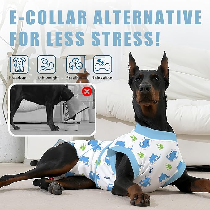 Recovery Suit for Dogs After Surgery, Professional Dog Surgical Suit for Female Spay, Male Neuter, E-Collar & Cone Alternative Dog Onesie for Abdominal Wounds Skin Disease, Blue, S
