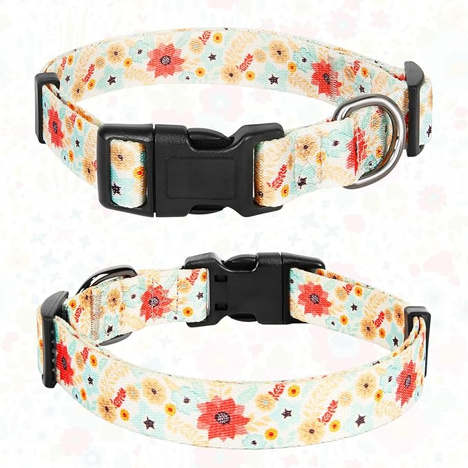 HEELE Dog Collar, Adjustable Soft Dog Collar for Small Medium Large Dogs,Floral Patterned Puppy Collars with Quick Release Buckle Galsang White M Length 13.39''-20.87''
