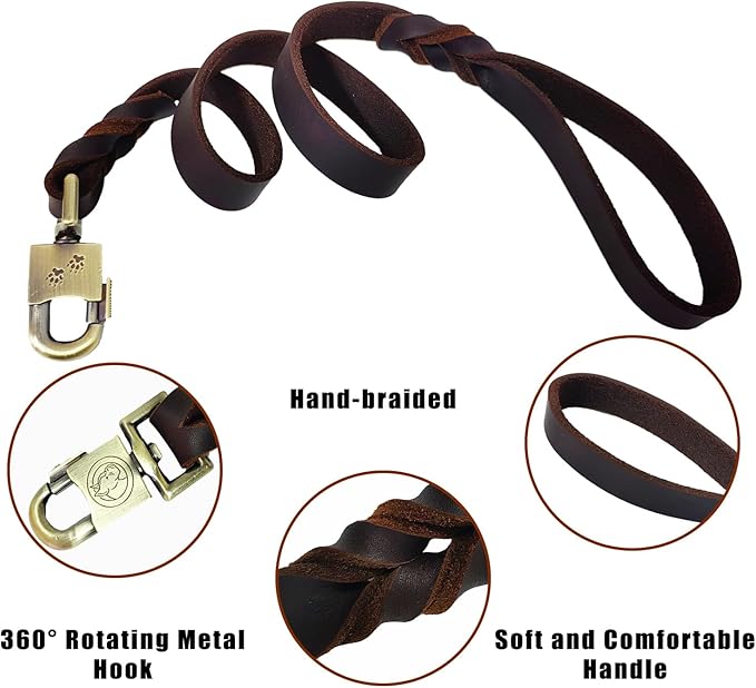LWBMG Leather Dog Leash 3 ft Upgrade Braided Thick Genuine Leather Dog Leash with Lock Head Hook Short Heavy Duty Pet Training Lead for Medium Large Dogs