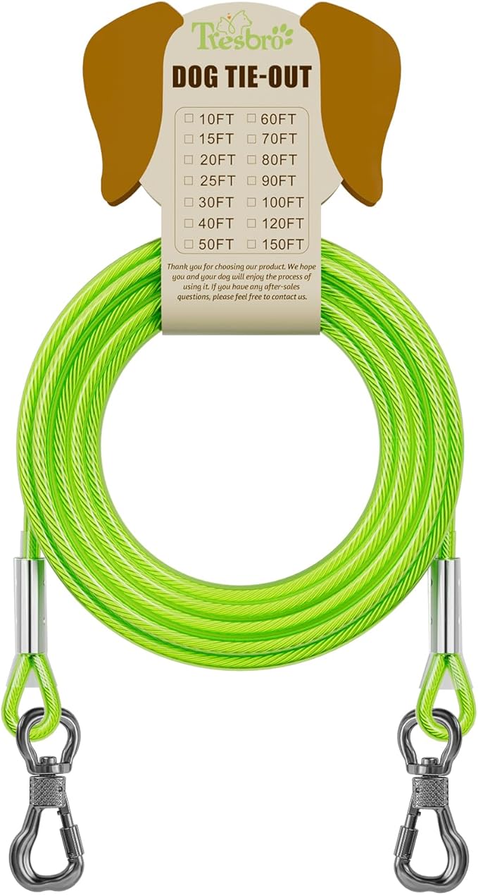Tresbro 40FT Reflective Tie Out Cable for Dogs Up to 250 Pounds, Steel Wire Dog Leash Cable with Stainless Rotatable Buckle, Lightweight and Enduring, Dog Chains Outside for Outdoor Yard, Green