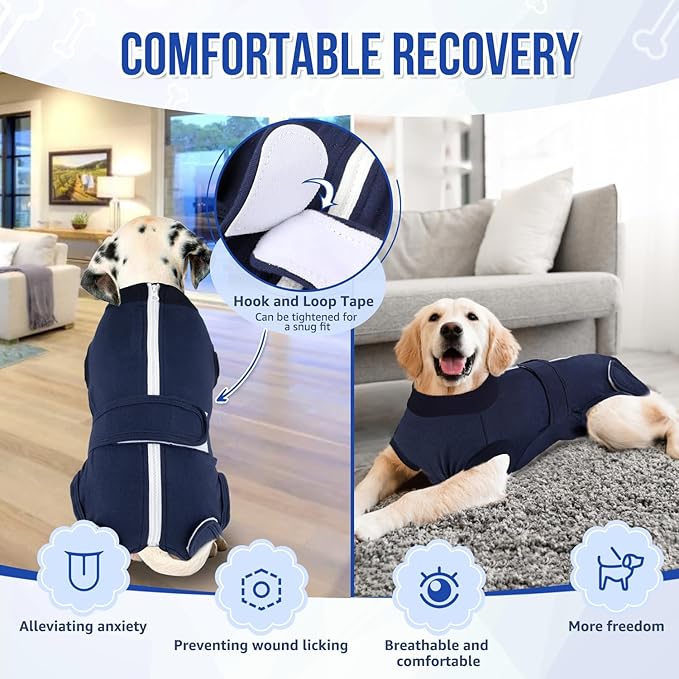 Lukovee Recovery Suit for Dogs, Zipper-On Onesie for Female Male Dog, Abdominal Wounds Cone E-Collar Alternative, Prevent Licking Spay (XL, Dark Blue)