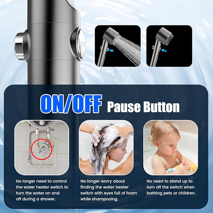 Filtered Shower Head with Handheld, High Pressure Water Flow and Multiple Spray Modes Shower Head with Filter, Power Wash for Hard Water, Showerhead with ON/OFF Switch for Pets Bath (Light Gray)