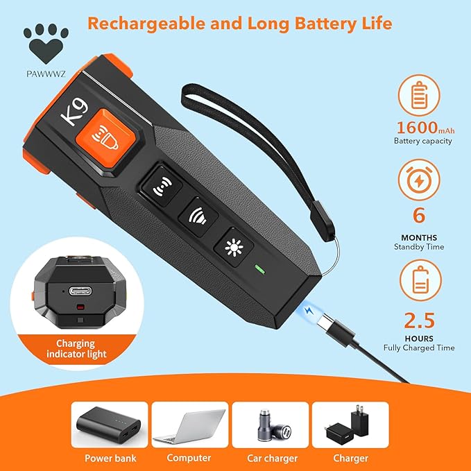 K9 Dog Bark Deterrent – Safe & Effective Ultrasonic Anti-Bark Device for Dogs, Non-Harmful, No Shock, Humane Training Tool for Dogs. Rechargeable 2-in-1 Training Tool with LED Flashlight.