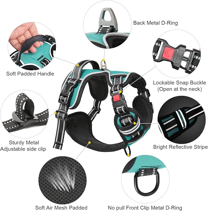 Timos Dog Harness, No-Pull Pet Harness with 2 Leash Clips, 3 Snap Buckles Adjustable Soft Padded Dog Vest, Reflective No-Choke Pet Oxford Vest with Easy Control Handle for Small Medium Large Dogs
