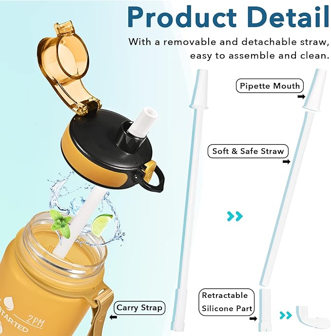 Enerbone Water Bottle, Leakproof BPA & Toxic Free, Motivational Water Bottle with Times to Drink and Straw, Fitness Sports Water Bottle with Strap for Office, Gym, Outdoor Sports