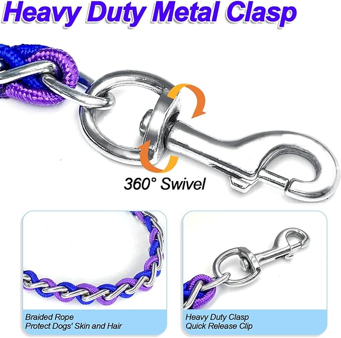 Dog Leash Rope Chain, Nylon Rope Metal Chain for Pet Leads. 6ft Heavy Duty Chew Proof Training Walking for Medium Large Dogs. (Medium, Blue&Purple)