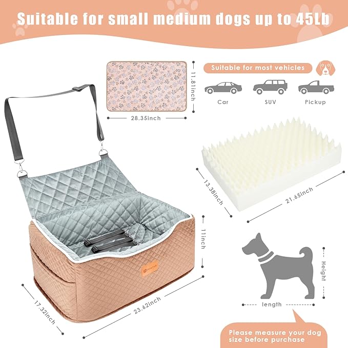 Memory Foam Booster Dog Car Seat Medium Dogs, Elevated Pet Car Seat Under 45 LBS, Detachable Washable, Anti-Slip Dog Booster Seat for Car Back Seat Only, Travel Dog Car Bed, Dog Seat Belt