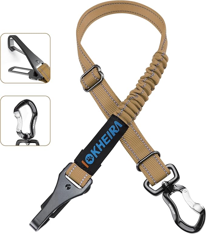 IOKHEIRA Dog Seatbelt, Universal Reflective Bungee Dog Car Harness with Hook Latch & Seatbelt Buckle, Swivel Aluminum Carabiner, Green