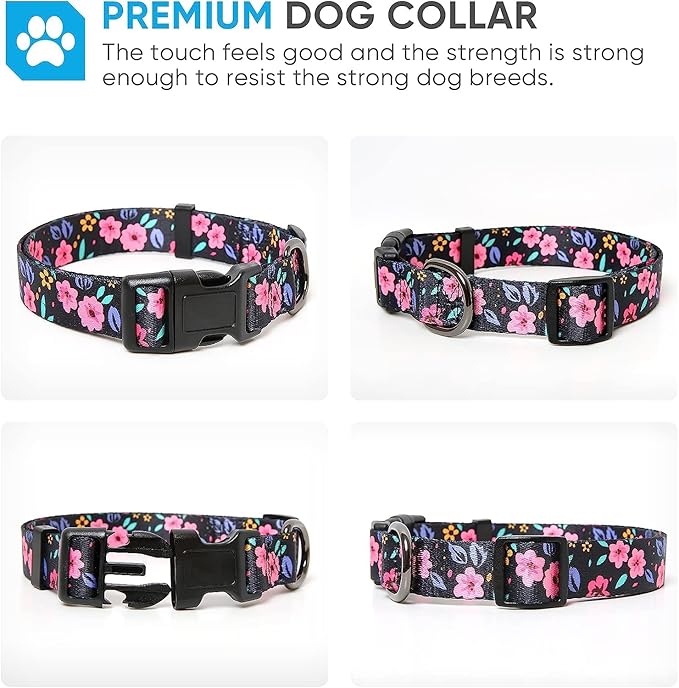 HEELE Dog Collar, Adjustable Soft Dog Collar for Small Medium Large Dogs,Floral Patterned Puppy Collars with Quick Release Buckle M Length 13.39''-20.87''