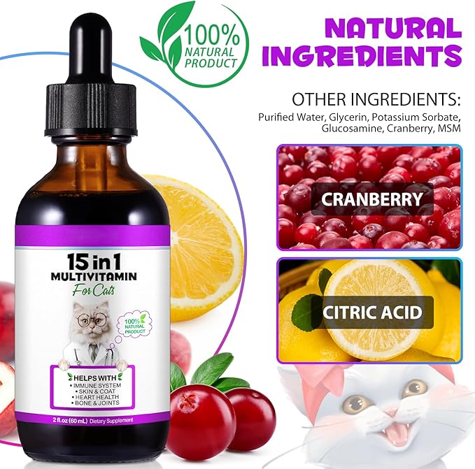 Cat Multivitamin,15 in 1 Cat Vitamins Liquid Drops Supplements for Heart Health, Bones, Joint, Skin & Coat, Bladder, Immune System Support 60ml