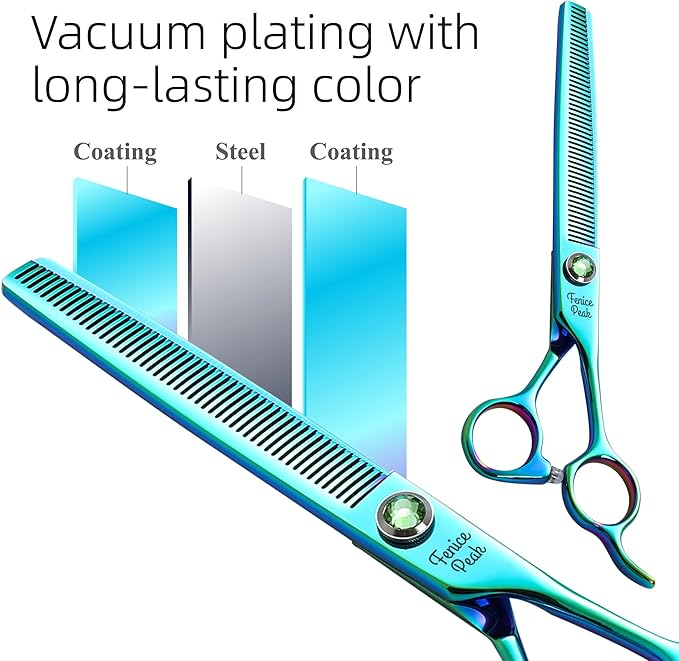 Fenice Peak 7'' Green Thinning Dog Grooming Scissors Pet Shears with Ergonomic Offest Handle and Simulated Emerald Screw 440C Grooming Scissors Trimming Shears Durable and Sharp