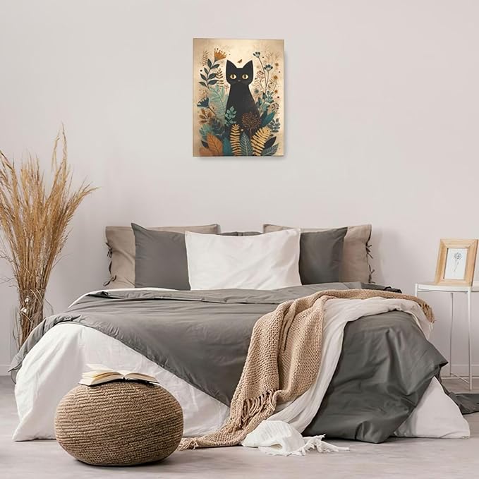 Boho Black Cat Wall Art Kitten Botanical Wall Decor Mid Century Modern Canvas Painting Print Minimalist Pictures Artwork Framed Decorations Gifts for Cat Lover Bathroom Nursery Living Room Bedroom Kitchen 16"x20"