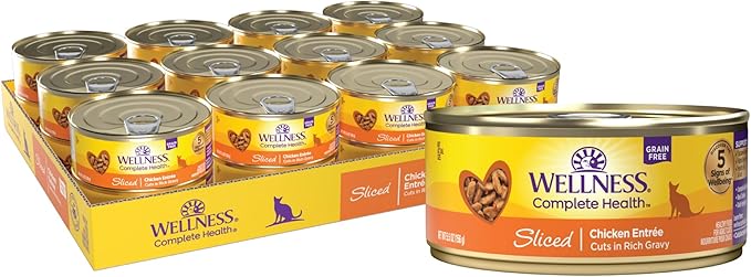 Wellness Complete Health Sliced Adult Wet Cat Food, Natural, Protein-Rich, Grain Free, 5.5 Ounce, 24 Pack, (Chicken Entrée)