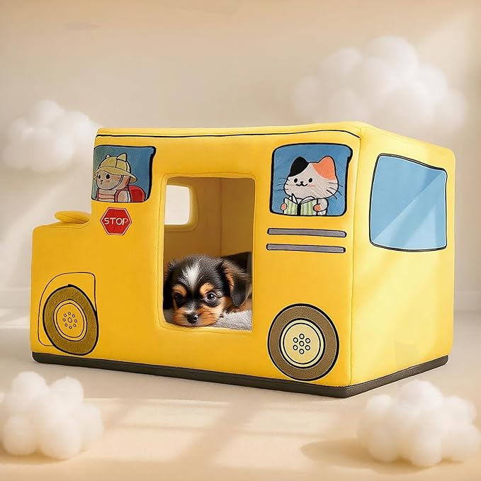 Cute Cat Beds Kitten Beds, Soft Small Dog Beds, Washable Pet Beds for Puppy and Kitty, Funny School Bus Cat Cave, 23 Inches