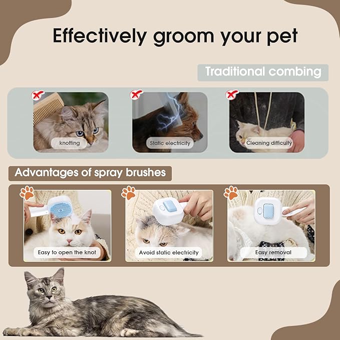 Cat Steam Brush，3 In 1 combs for indoor cats，pet steam brush for shedding,Dog shedding for Long and Short Hair Dogs and Cats Pet Grooming Brush Remove Tangled Loose Hair (Blue)