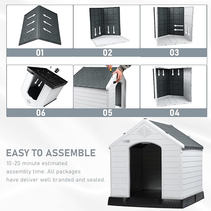 LEMBERI Durable Waterproof Plastic Dog House for Small to Large Sized Dogs, Indoor Outdoor Doghouse Insulated Puppy Shelter with Elevated Floor, Easy to Assemble (Gray, 34''L*31''W*32''H)