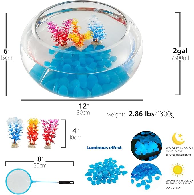 2 Gallon Glass Fish Bowl with Decor, Include Fluorescent Stones & Colorful Plastic Trees, High White Glass for Clear View, Small Fish Bowl/Vase/Aquarium for Betta Fish/Goldfish, Nice Home Décor
