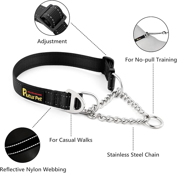 Plutus Pet Martingale Dog Collar with Stainless Steel Chain and Reflective Nylon, Adjustable No Pull Training Collar, for Small Medium, and Large Dogs, Black, S