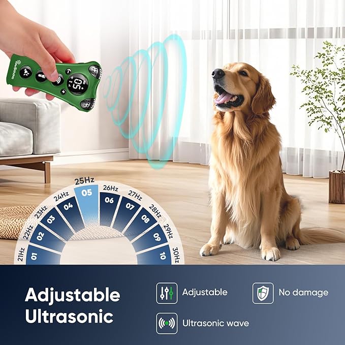 Adjustable Ultrasonic Dog Trainer – World's 1st Variable Frequency Pet Behavior Corrector with 10 Level Ultra Sound, 18 Dog Whistles, Anti-Bark Strobe Light, Humane Deterrent (Dark Green)
