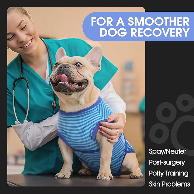 FUAMEY Recovery Suit for Dogs After Surgery,Soft Breathable Dog Bodysuit E-Collar & Cone Alternative Surgical Suit,Male Female Dog Neuter Spay Suits Anti Licking Wounds Onesie Navy Blue Strips M