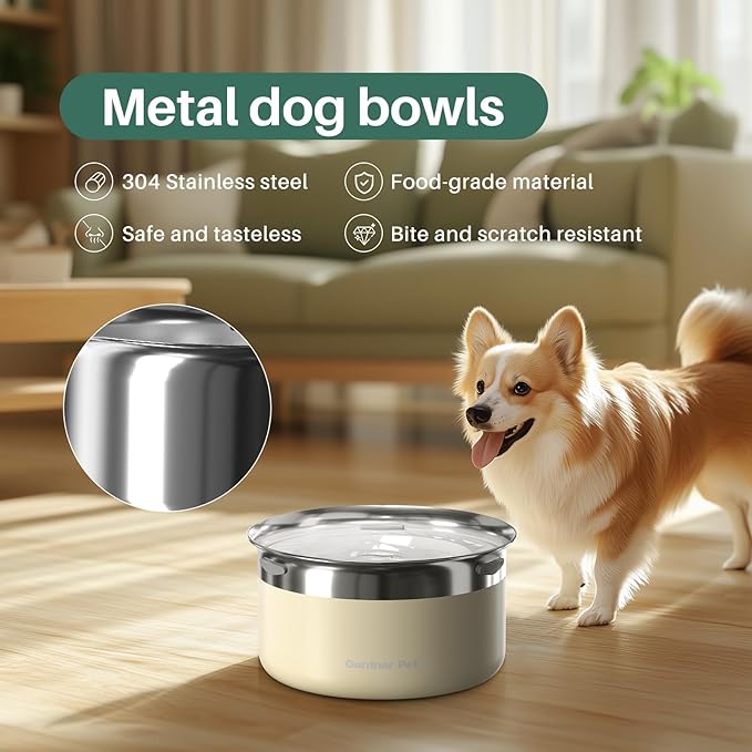 Gardner Pet Dog Bowls 1 Gallon (3.85L) Stainless Steel No Spill Water Bowl, Slow Water Feeder Metal Dog Bowls, Spill Proof Water Dispenser for Large Dogs, Promotes Healthy Hydration(White)