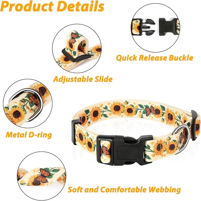 HEELE Dog Collar, Adjustable Soft Dog Collar for Small Medium Large Dogs,Sunflower Floral Patterned Puppy Collars with Quick Release Buckle Sunflower Yellow M Length 13.39''-20.87''