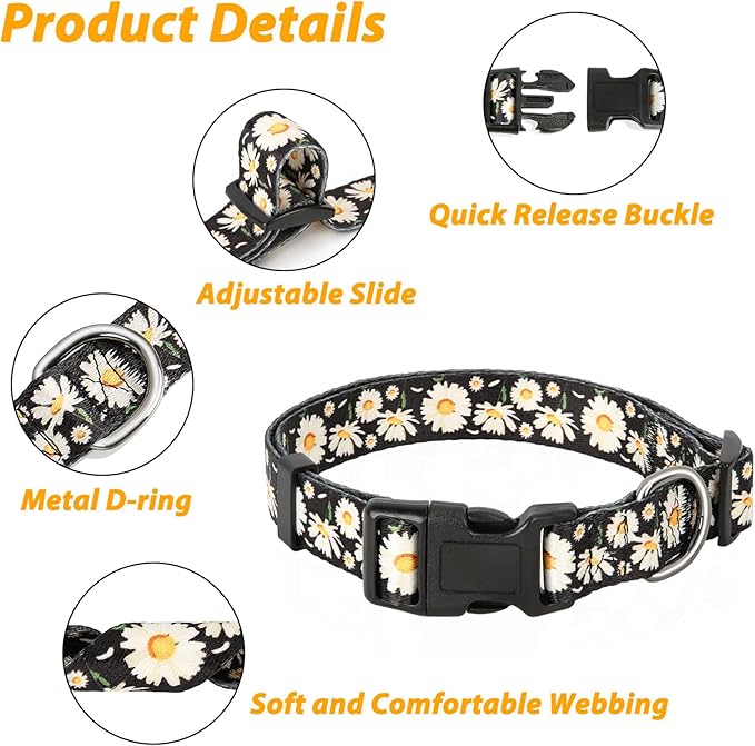 HEELE Dog Collar, Adjustable Soft Dog Collar for Small Medium Large Dogs,Daisy Floral Patterned Puppy Collars with Quick Release Buckle Daisy Black M Length 13.39''-20.87''