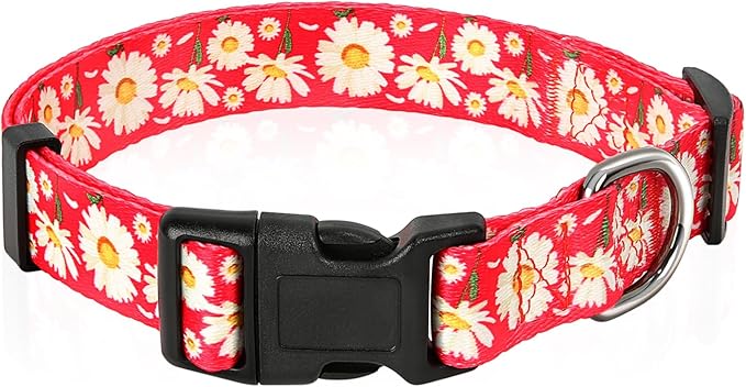 HEELE Dog Collar, Adjustable Soft Dog Collar for Small Medium Large Dogs,Daisy Floral Patterned Puppy Collars with Quick Release Buckle Daisy Red L Length 15.94''-25.59'