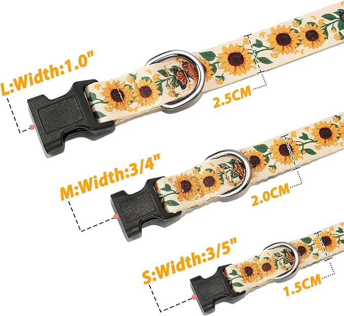HEELE Dog Collar, Adjustable Soft Dog Collar for Small Medium Large Dogs,Sunflower Floral Patterned Puppy Collars with Quick Release Buckle Sunflower Yellow S Length 9.84''-14.96'