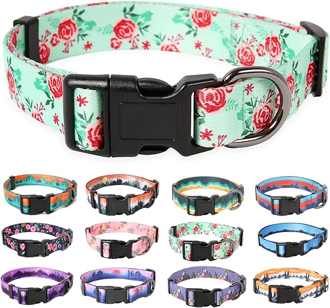 HEELE Dog Collar, Adjustable Soft Dog Collar for Small Medium Large Dogs,Floral Patterned Puppy Collars with Quick Release Buckle L Length 15.94''-25.59'