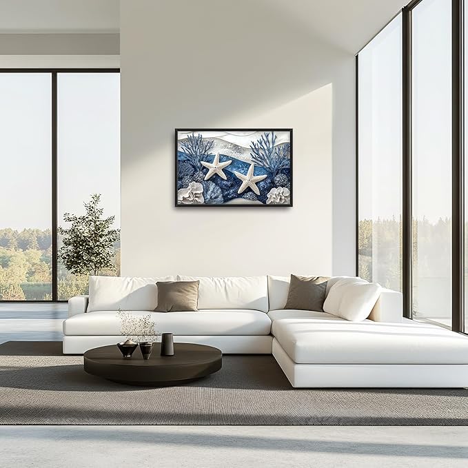 Large Starfish Nautical Wall Art for Living Room, Ocean Canvas Oversized Wall Decor, Sea Animal Modern Framed Pictures Painting Print Artwork for Bedroom Office 36"L x 24"W