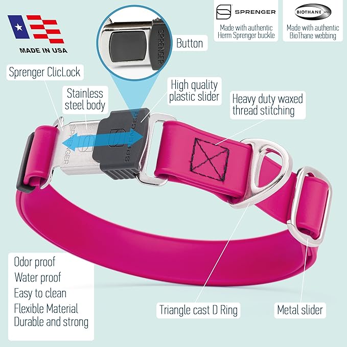 Dogline Biothane Waterproof Dog Collar with Herm Sprenger Black Stainless Steel Quick Release Buckle – Heavy Duty Tactical Durable Collar for Dogs – Comfortable, Safe Pet Collar W3/4" L12-19 Magenta